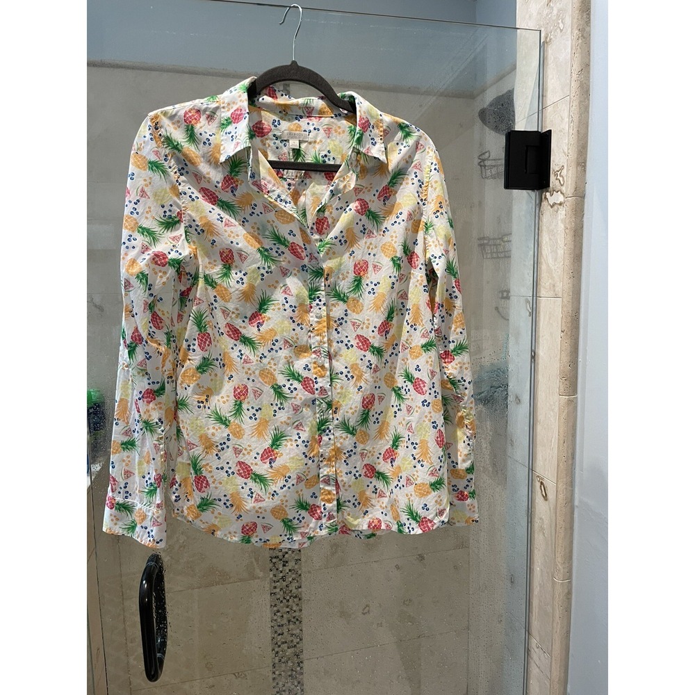 Talbots Pineapple Print Button Down Shirt Mens Small White Pink Tropical Cotton